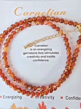 Carnelian Beaded Necklace with Gold-plated  Chain, Bracelet Women Jewelry